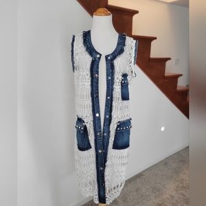 Adore lace and denim long vest in white Size S